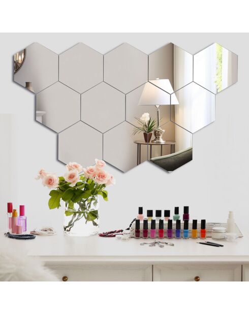 12 miroirs adhésifs Hexagon transparent - 14x7 cm