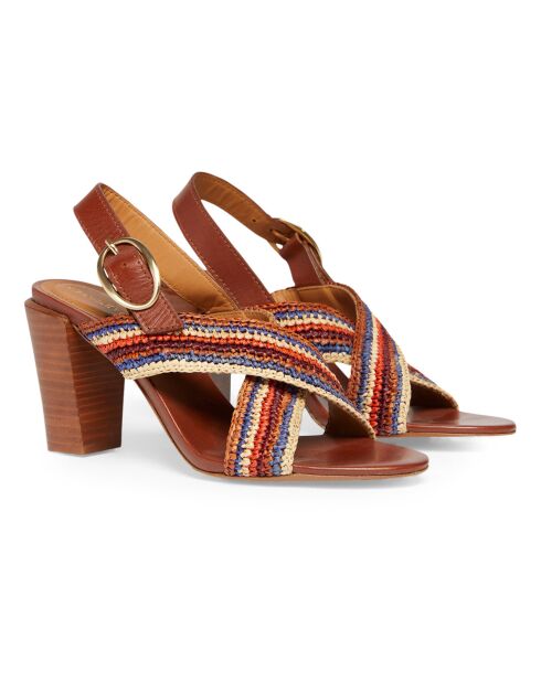 Sandalen van 80 mm camel met strepen van raffia en leer, hak van 8 cm