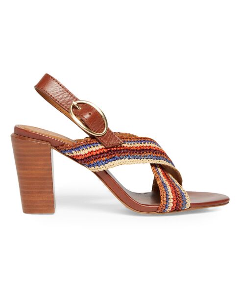 Sandalen van 80 mm camel met strepen van raffia en leer, hak van 8 cm
