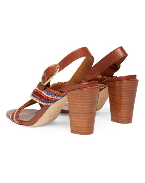 Sandales à Talons en Raphia Rayé et Cuir 80MM camel - Talon 8 cm