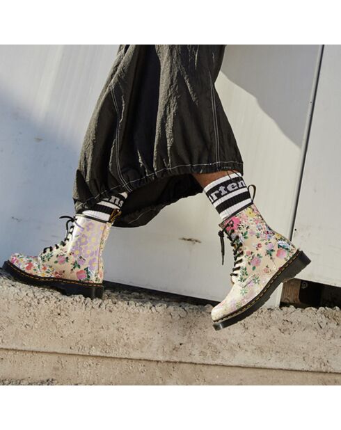 Boots à Lacets en Cuir 1460 Fleuries beiges