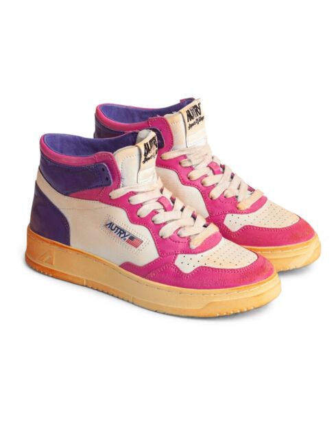 Fuchsiaroze Super Vintage Mid tweekleurige leren sneakers