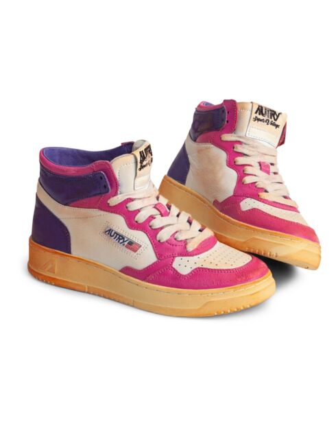 Fuchsiaroze Super Vintage Mid tweekleurige leren sneakers