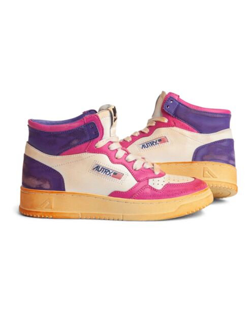 Fuchsiaroze Super Vintage Mid tweekleurige leren sneakers