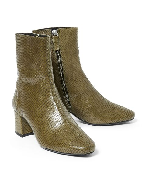 Boots en Cuir Façon Python Puppy vert kaki - Talon 5.5 cm