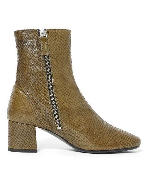 Boots en Cuir Façon Python Puppy vert kaki - Talon 5.5 cm