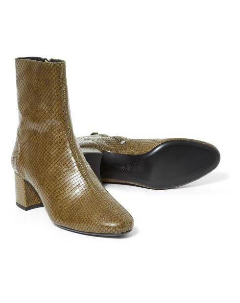 Boots en Cuir Façon Python Puppy vert kaki - Talon 5.5 cm