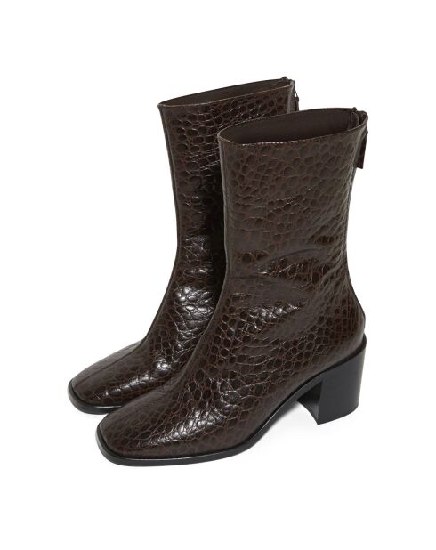 Boots en Cuir Embossé Andrea chocolat - Talon 6 cm