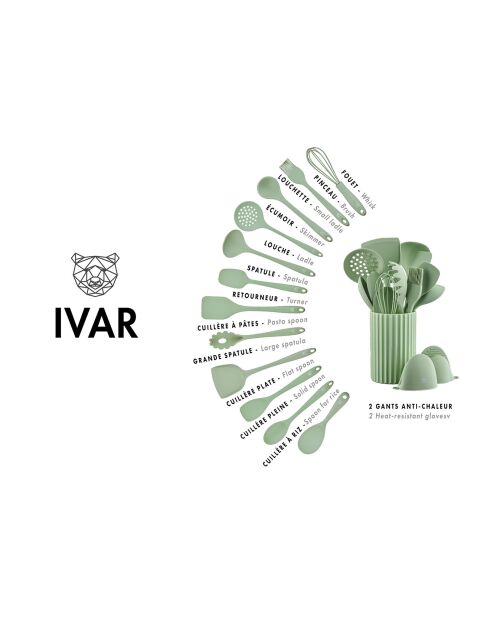 Set d'ustensiles de cuisine en silicone IVAR vert pâle - 15 pièces