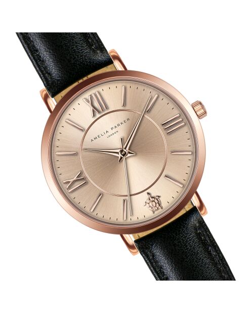 Montre Femme Petite Rose en Cuir noire