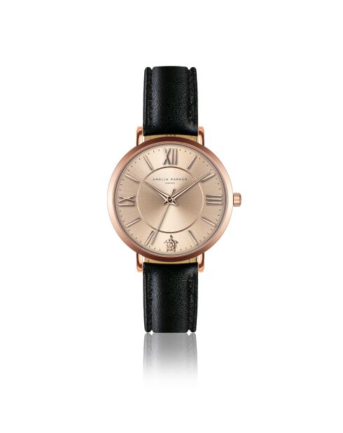 Montre Femme Petite Rose en Cuir noire