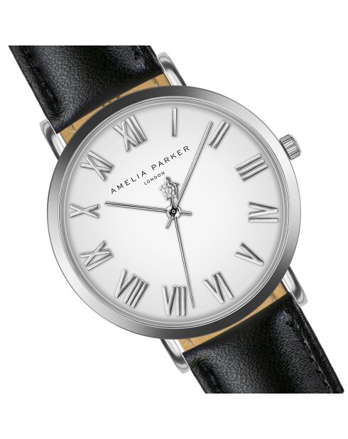 Montre Femme Grand Blanc en Cuir noire