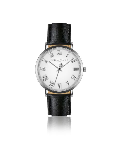 Montre Femme Grand Blanc en Cuir noire