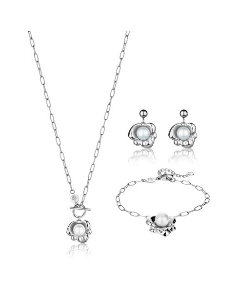 Parure Collier, Bracelet & Boucles d'Oreilles Pearl Nest argentée