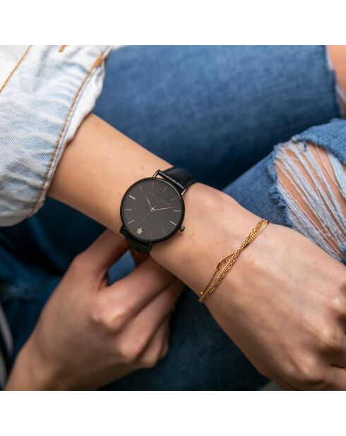 Set Montre Femme 2 Bracelets Jet Black en Acier & Cuir noir