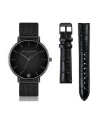 Set Montre Femme 2 Bracelets Jet Black en Acier & Cuir noir