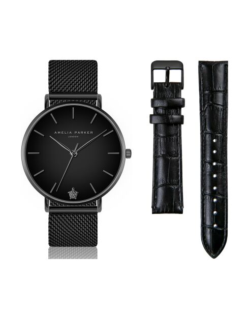 Set Montre Femme 2 Bracelets Jet Black en Acier & Cuir noir