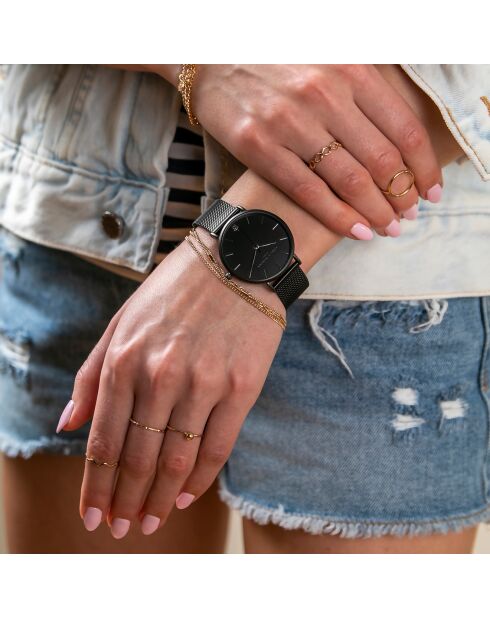 Set Montre Femme 2 Bracelets Jet Black en Acier & Cuir noir