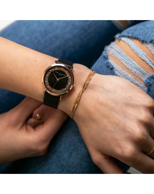 Set Montre Femme 2 Bracelets Coral en Acier & Cuir rose doré/noir