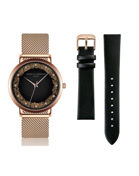 Set Montre Femme 2 Bracelets Coral en Acier & Cuir rose doré/noir