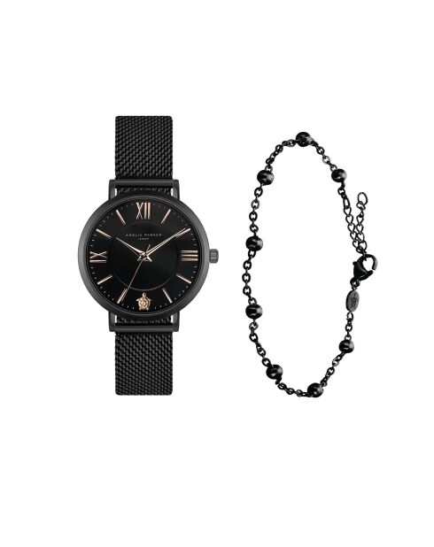 Set Montre Femme & Bracelet Petite Noir en Acier noir