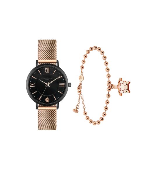 Set Montre Femme & Bracelet Petite Noir en Acier rose doré
