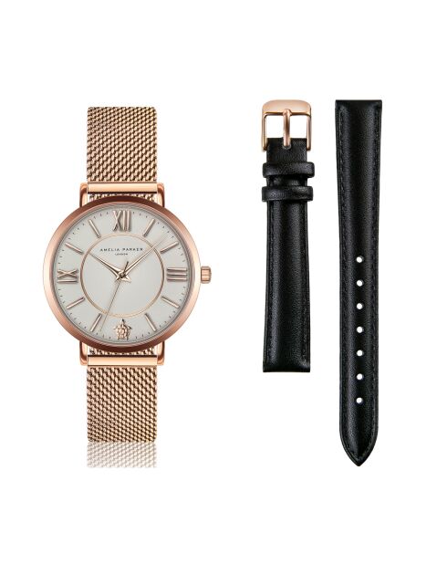 Set Montre Femme 2 Bracelets Petite Classique en Acier & Cuir rose doré/noir
