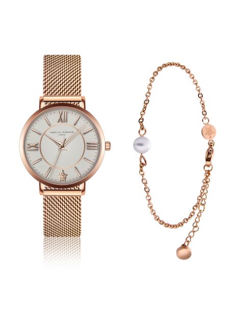 Set Montre Femme & Bracelet Petite Classique en Acier rose doré