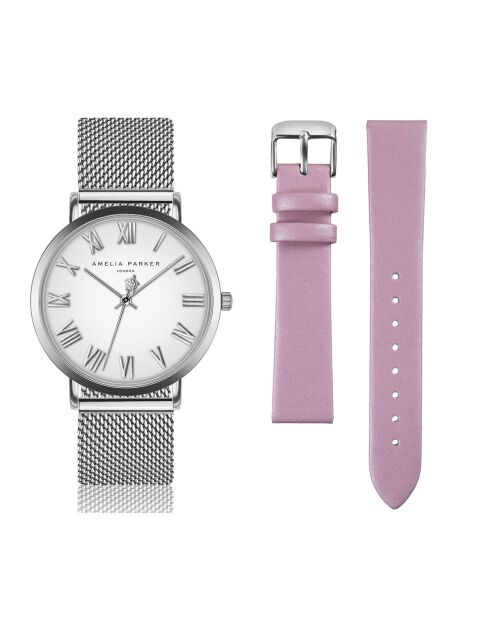 Set Montre Femme 2 Bracelets Grand Blanc en Acier & Cuir argenté/rose