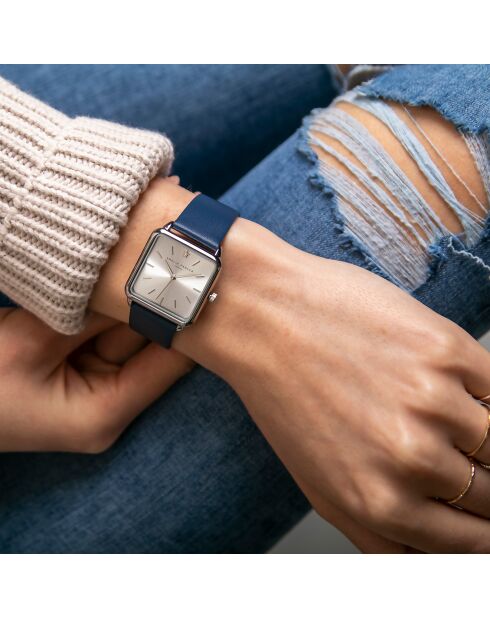 Set Montre Femme 2 Bracelets Plaza en Acier & Cuir argenté/bleu foncé