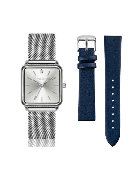 Set Montre Femme 2 Bracelets Plaza en Acier & Cuir argenté/bleu foncé