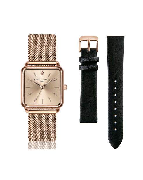 Set Montre Femme 2 Bracelets Gold Plaza en Acier & Cuir rose doré/noir
