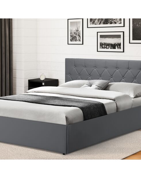 Lit coffre Hanna en PVC gris avec sommier 160x200 cm