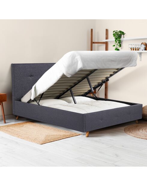 Cama baúl Mala de tela gris con somier y cabecera tapizada 140x190 cm