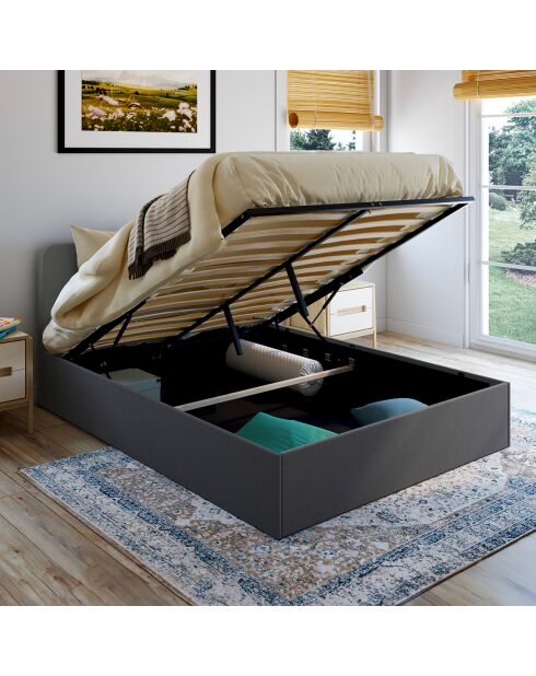 Lit coffre Louise en tissu gris avec sommier et tête de lit arrondie 140x190cm