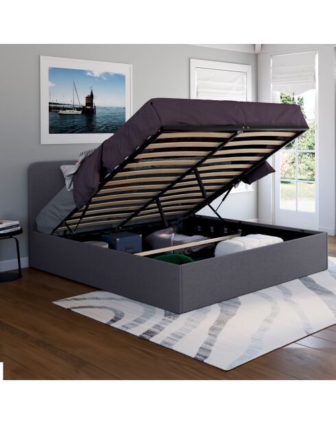 Lit coffre Louise en tissu gris avec sommier et tête de lit arrondie 160x200 cm