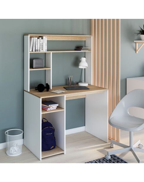 Bureau Danny avec étagères de rangement bois et blanc