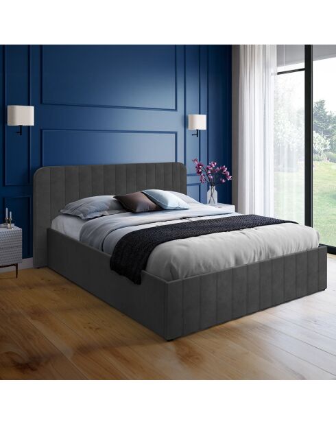 Lit coffre Valentina en velours gris avec sommier et tête de lit 160x200cm