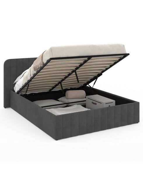 Cama baúl Valentina de terciopelo gris con somier y cabecero 160x200 cm