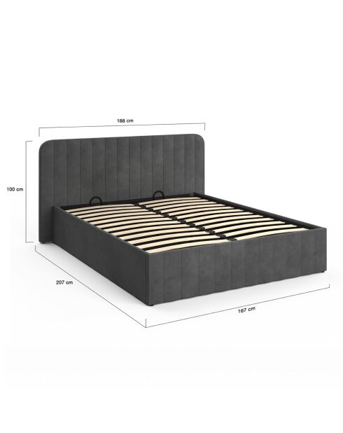 Lit coffre Valentina en velours gris avec sommier et tête de lit 160x200cm