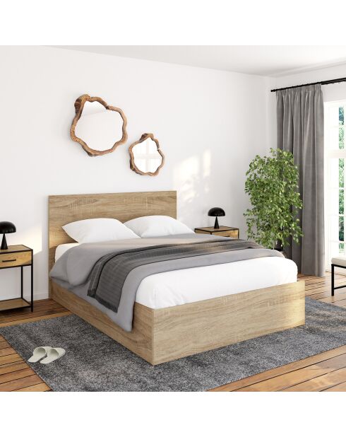 Lit coffre Sicilia avec sommier et tête de lit effet bois 140x190cm