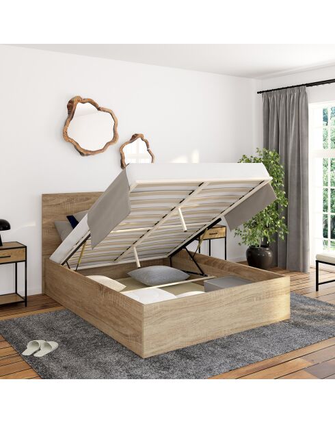 Cama cómoda Sicilia con somier y cabecero efecto madera 140x190 cm