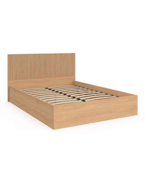 Lit coffre Faustine avec sommier et tête de lit en lattes bois - 140x190 cm