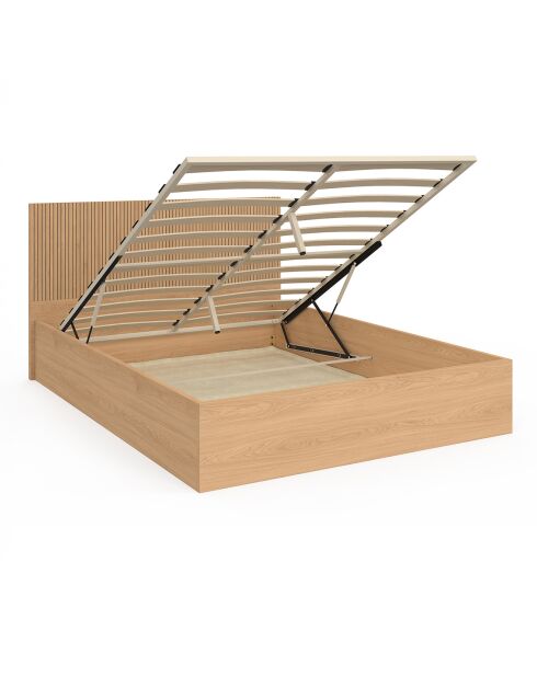 Lit coffre Faustine avec sommier et tête de lit en lattes bois - 140x190 cm
