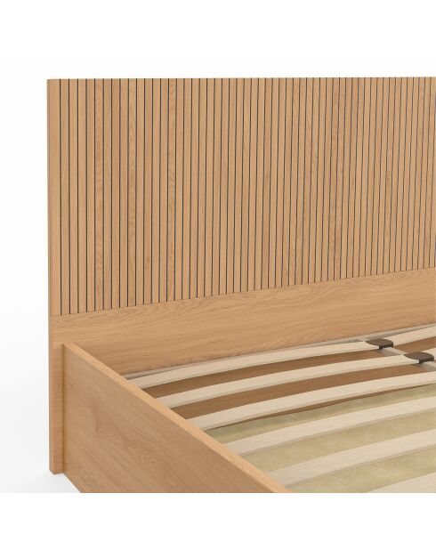 Lit coffre Faustine avec sommier et tête de lit en lattes bois - 140x190 cm