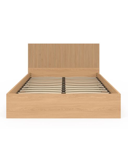 Lit coffre Faustine avec sommier et tête de lit en lattes bois - 140x190 cm