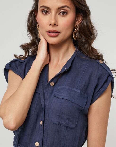 Marineblauwe jurk van 100% linnen in Perrine