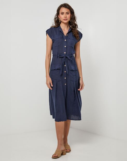 Marineblauwe jurk van 100% linnen in Perrine