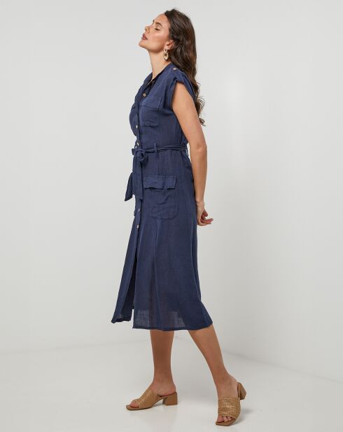 Marineblauwe jurk van 100% linnen in Perrine