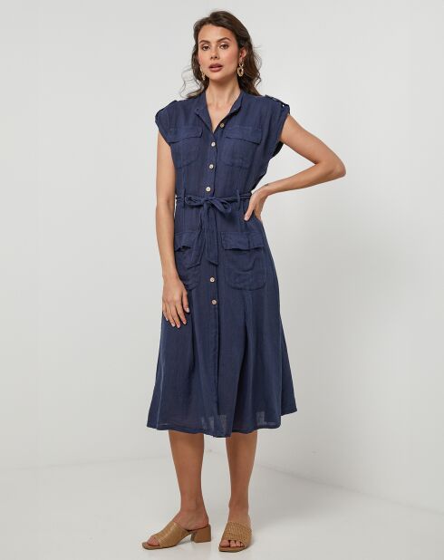 Marineblauwe jurk van 100% linnen in Perrine
